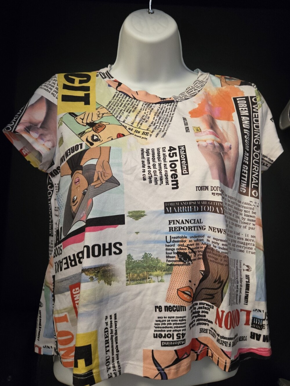 Teenbell Newspaper Print Comic Pop Art Graphic T-Shirt Short Sleeve Top Y2K